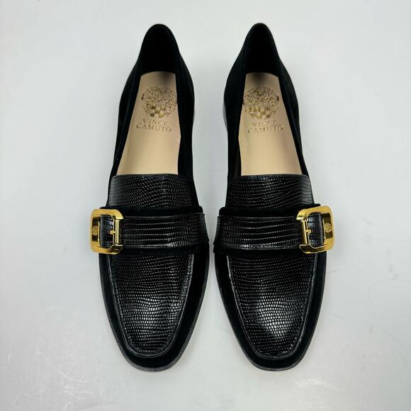 NEW Vince Camuto Cenkanda Black Leather & Suede Gold Buckle Slip On Loafer Flat - Picture 3 of 12